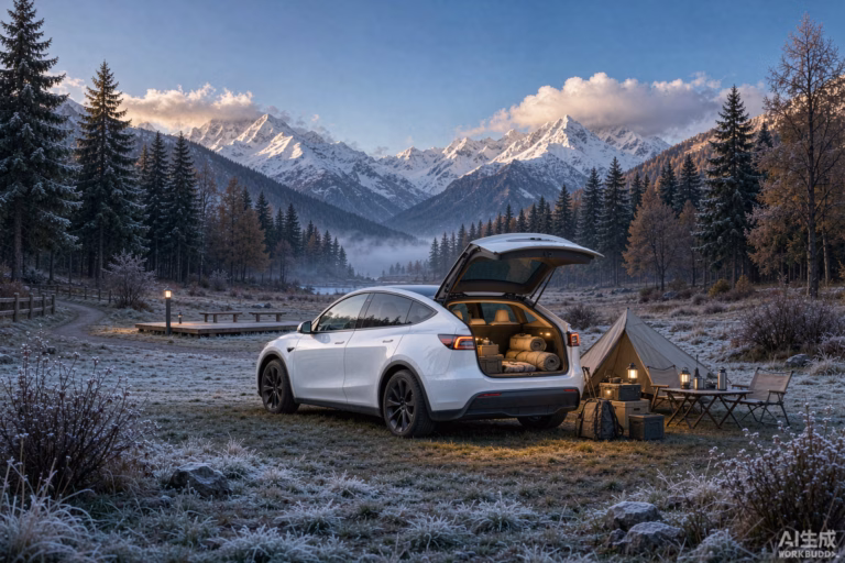 White Tesla Model Y with the boot open at an alpine campsite in Switzerland with snow-capped mountains