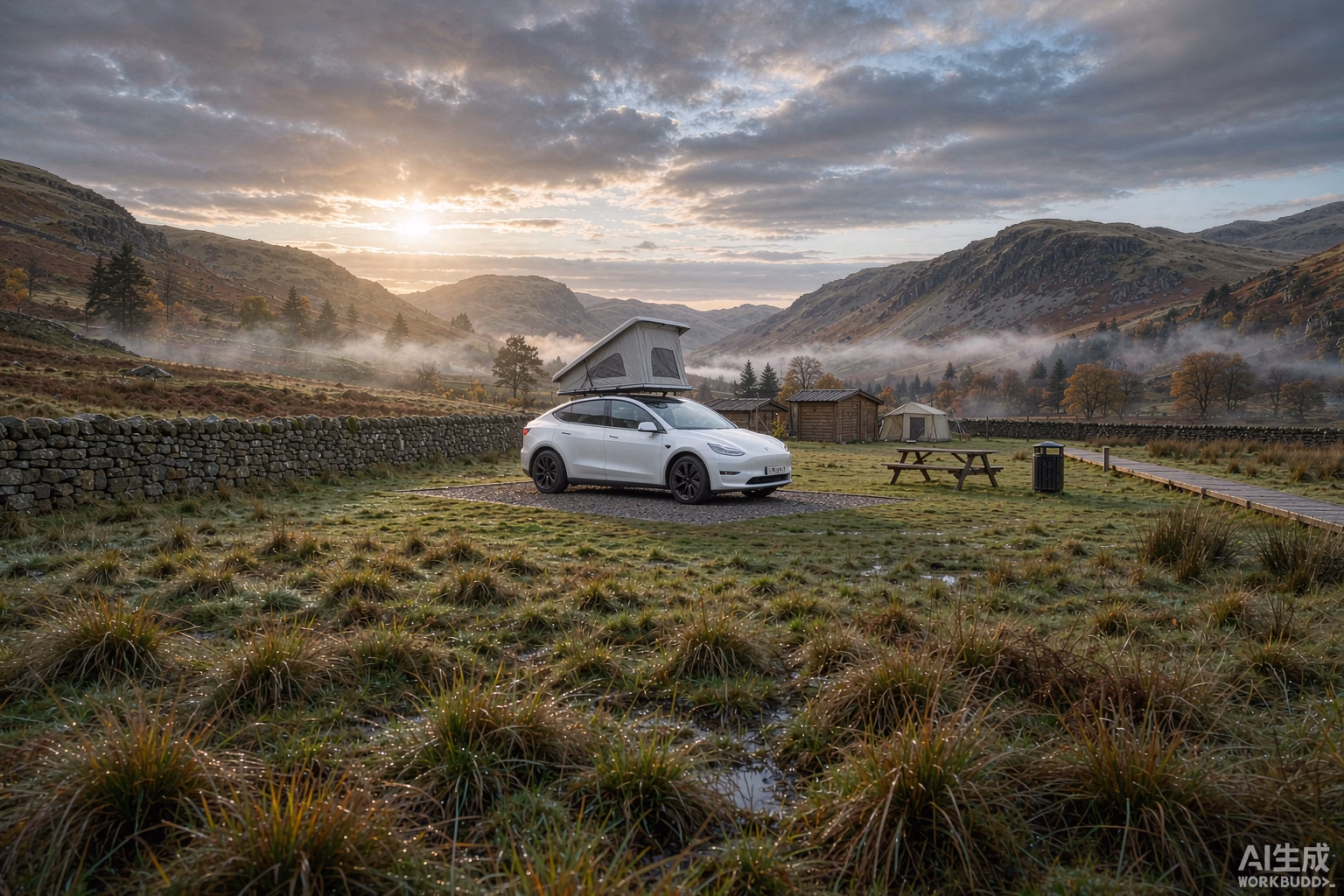 White Tesla Model Y with a rooftop tent on a grassy pitch at a campsite in the English Lake District on a misty autumn morning