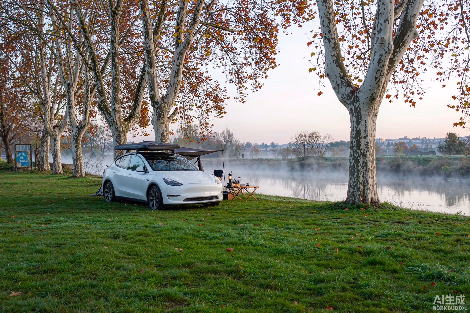 White Tesla Model Y with a rooftop tent on a grass pitch at a riverside campsite in France in autumn