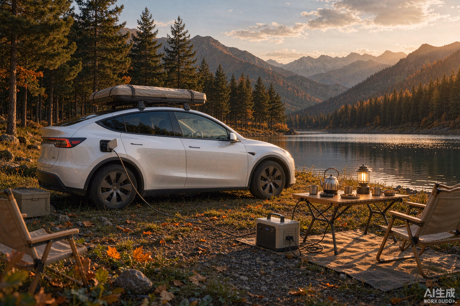 White Tesla Model Y at a lakeside campsite powering a kettle and camping lamp from its charge port in golden autumn light